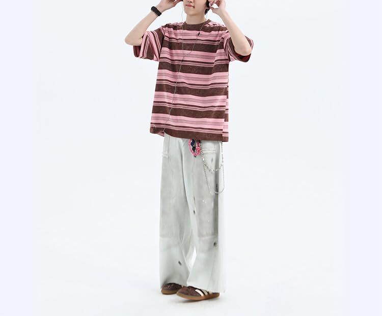 Men's Y2K Striped Baggy T-Shirt Alt Emo Summer Crewneck Short Sleeve Streetwear Top Harajuku Grunge Aesthetic Tees