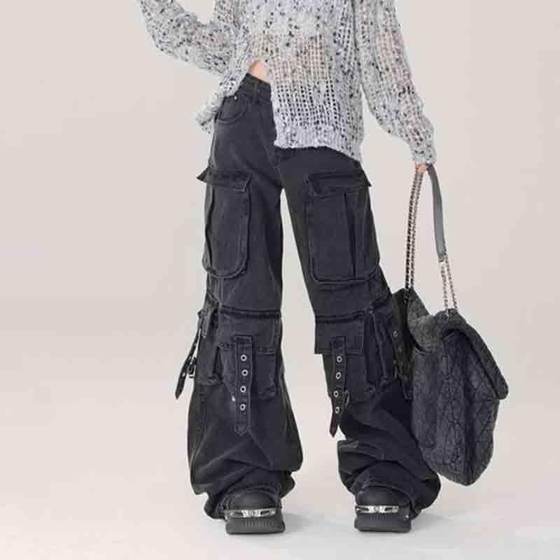 BXCNCKD Women's Retro Washed Workwear Jeans, Multi Pocket Street Loose Wide Leg Jeans, Y2K Jeans