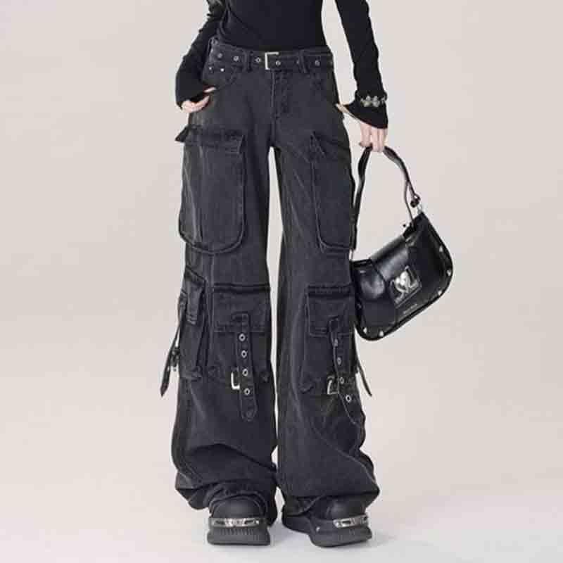 BXCNCKD Women's Retro Washed Workwear Jeans, Multi Pocket Street Loose Wide Leg Jeans, Y2K Jeans