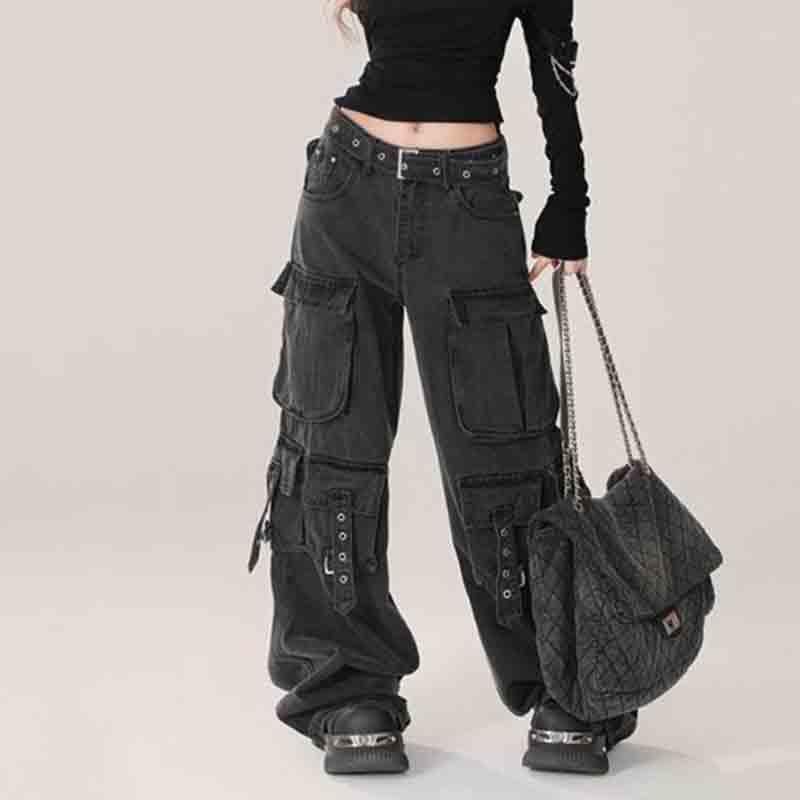 BXCNCKD Women's Retro Washed Workwear Jeans, Multi Pocket Street Loose Wide Leg Jeans, Y2K Jeans