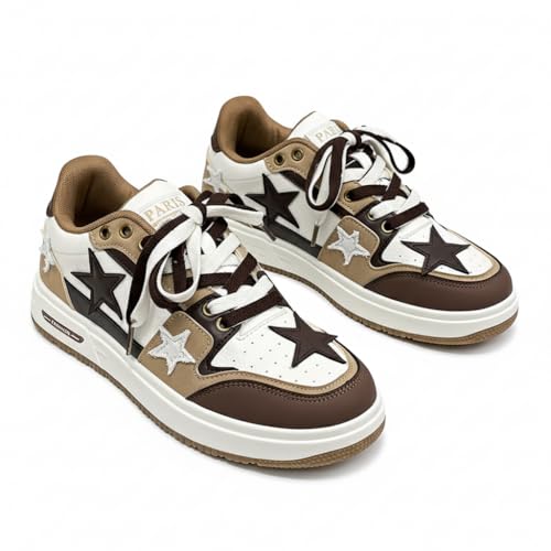 Y2K Retro Mixed Media Platform Skate Sneakers for Men Casual Streetwear Fashion with Raw Edge Distressed Star Applique