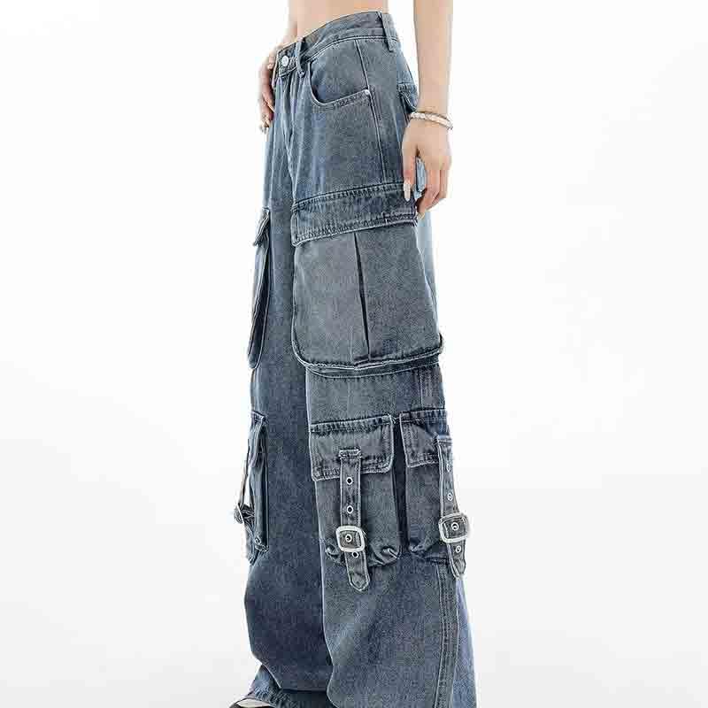 BXCNCKD Women's Retro Washed Workwear Jeans, Multi Pocket Street Loose Wide Leg Jeans, Y2K Jeans