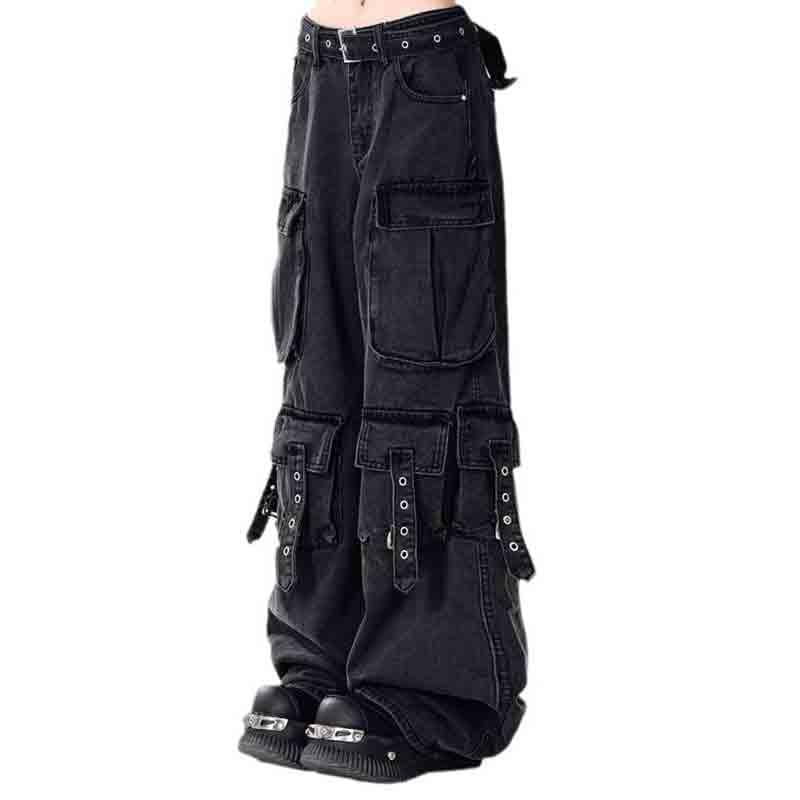 BXCNCKD Women's Retro Washed Workwear Jeans, Multi Pocket Street Loose Wide Leg Jeans, Y2K Jeans