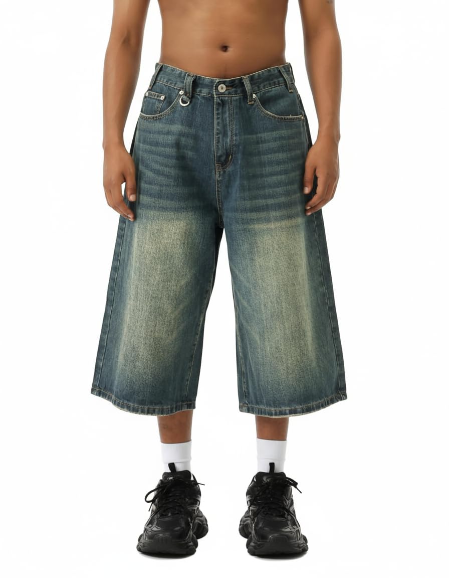 EMMIOL Baggy Jean Shorts Men, Y2k Jorts Cargo Ripped Elastic Waist, Mens Denim Shorts Comfy Casual Streetwear Summer