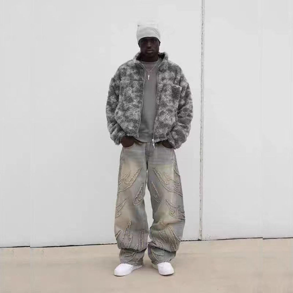 Y2K Men's Street Retro Hip-hop Flame Splicing Wide Leg Gothic Loose Jeans