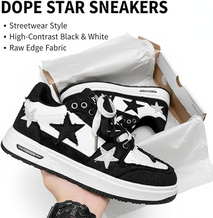 Y2K Retro Mixed Media Platform Skate Sneakers for Men Casual Streetwear Fashion with Raw Edge Distressed Star Applique