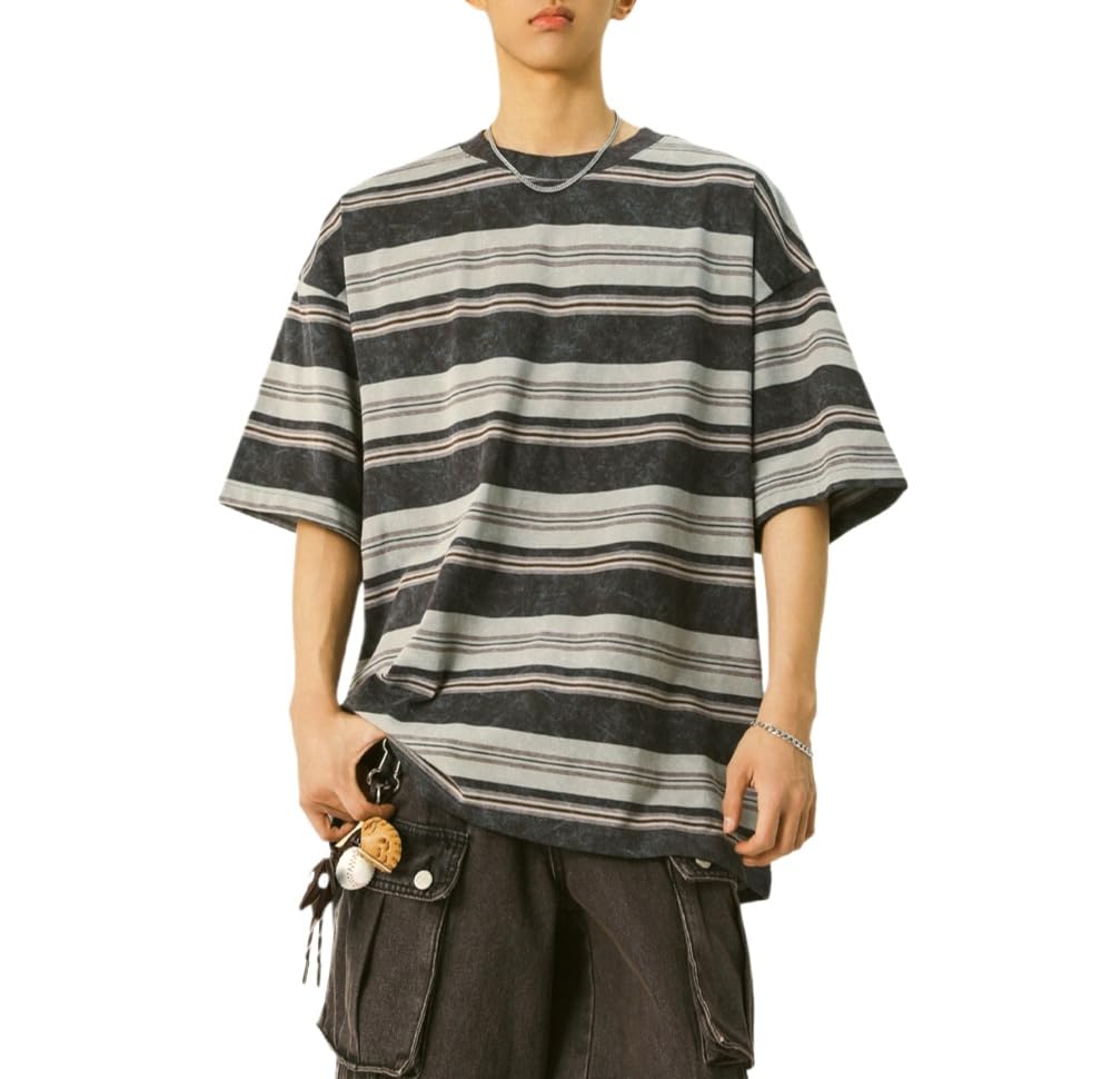 Men's Y2K Striped Baggy T-Shirt Alt Emo Summer Crewneck Short Sleeve Streetwear Top Harajuku Grunge Aesthetic Tees