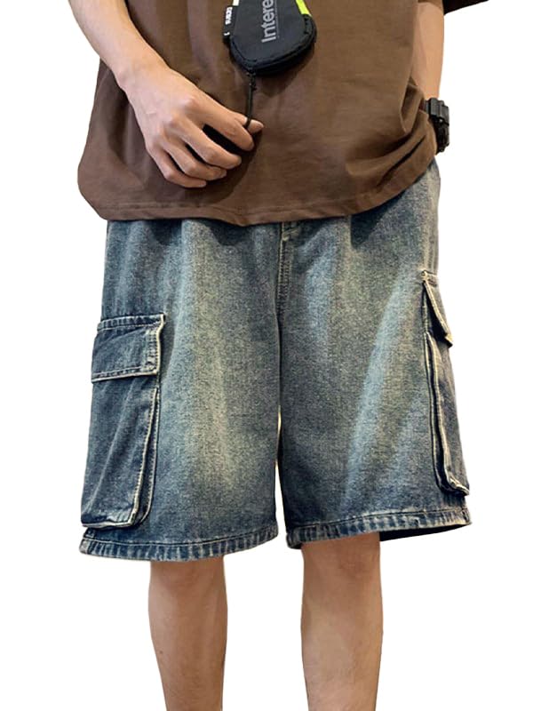 EMMIOL Baggy Jean Shorts Men, Y2k Jorts Cargo Ripped Elastic Waist, Mens Denim Shorts Comfy Casual Streetwear Summer