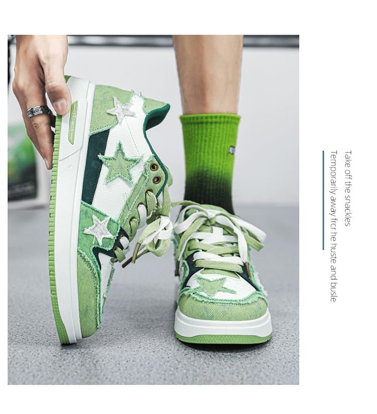Y2K Retro Mixed Media Platform Skate Sneakers for Men Casual Streetwear Fashion with Raw Edge Distressed Star Applique