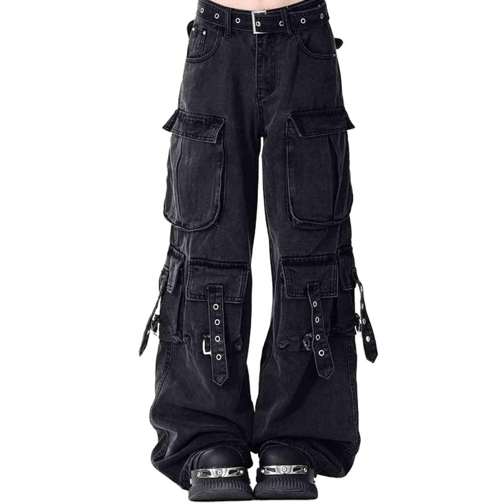 BXCNCKD Women's Retro Washed Workwear Jeans, Multi Pocket Street Loose Wide Leg Jeans, Y2K Jeans