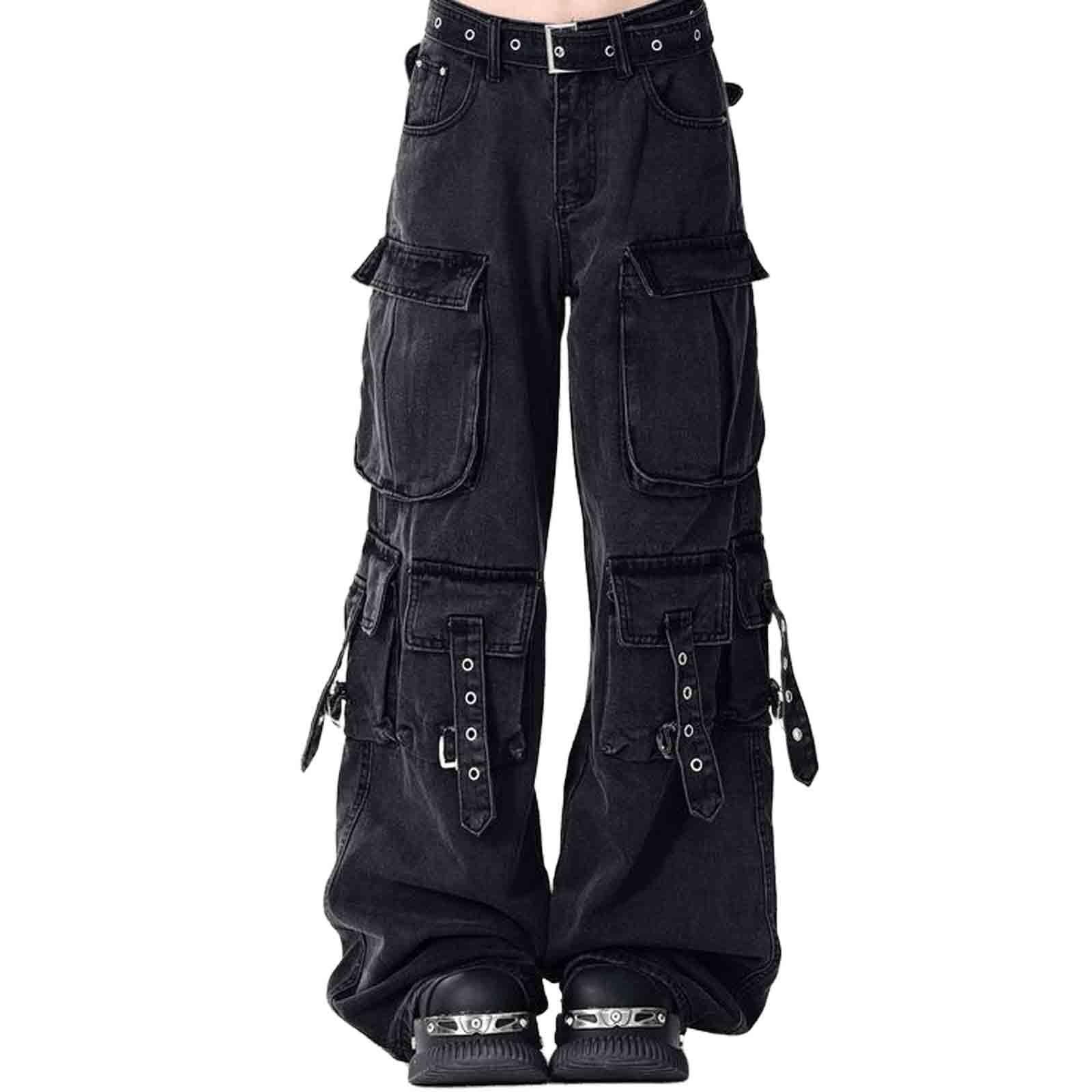 BXCNCKD Women's Retro Washed Workwear Jeans, Multi Pocket Street Loose Wide Leg Jeans, Y2K Jeans