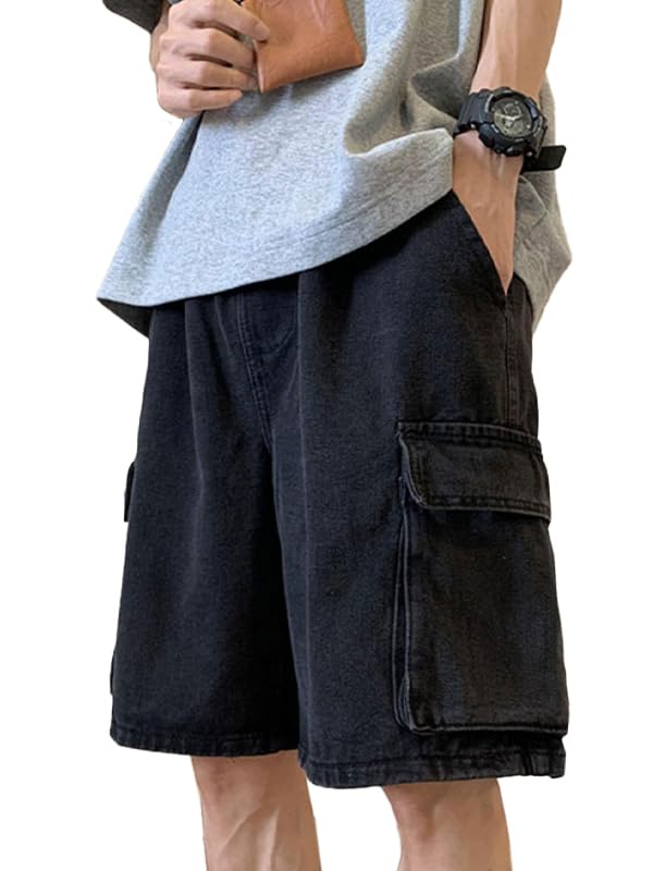 EMMIOL Baggy Jean Shorts Men, Y2k Jorts Cargo Ripped Elastic Waist, Mens Denim Shorts Comfy Casual Streetwear Summer