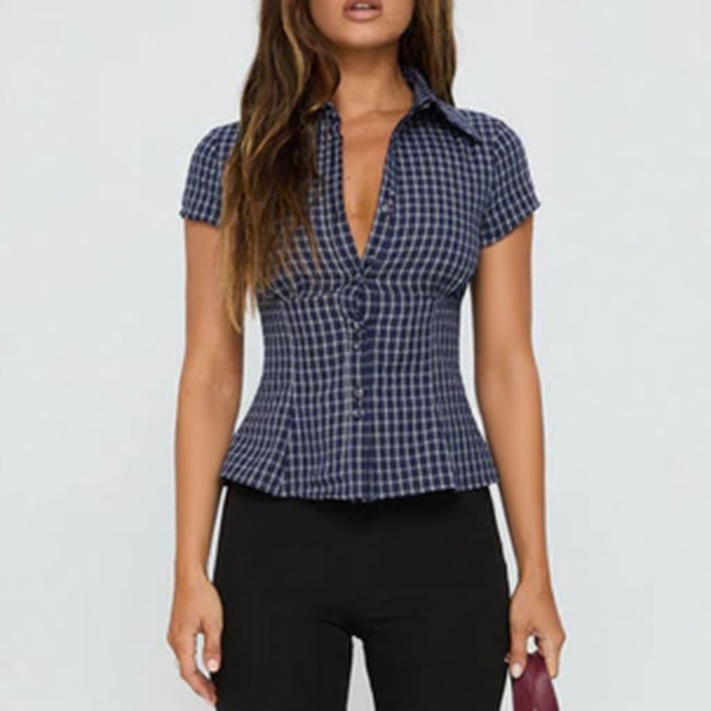 Women Y2k Short Sleeve Button Up Shirt Lapel Collar V Neck Plaid Open Front Blouse Basic Casual Going Out T-Shirt