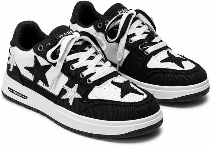 Y2K Retro Mixed Media Platform Skate Sneakers for Men Casual Streetwear Fashion with Raw Edge Distressed Star Applique