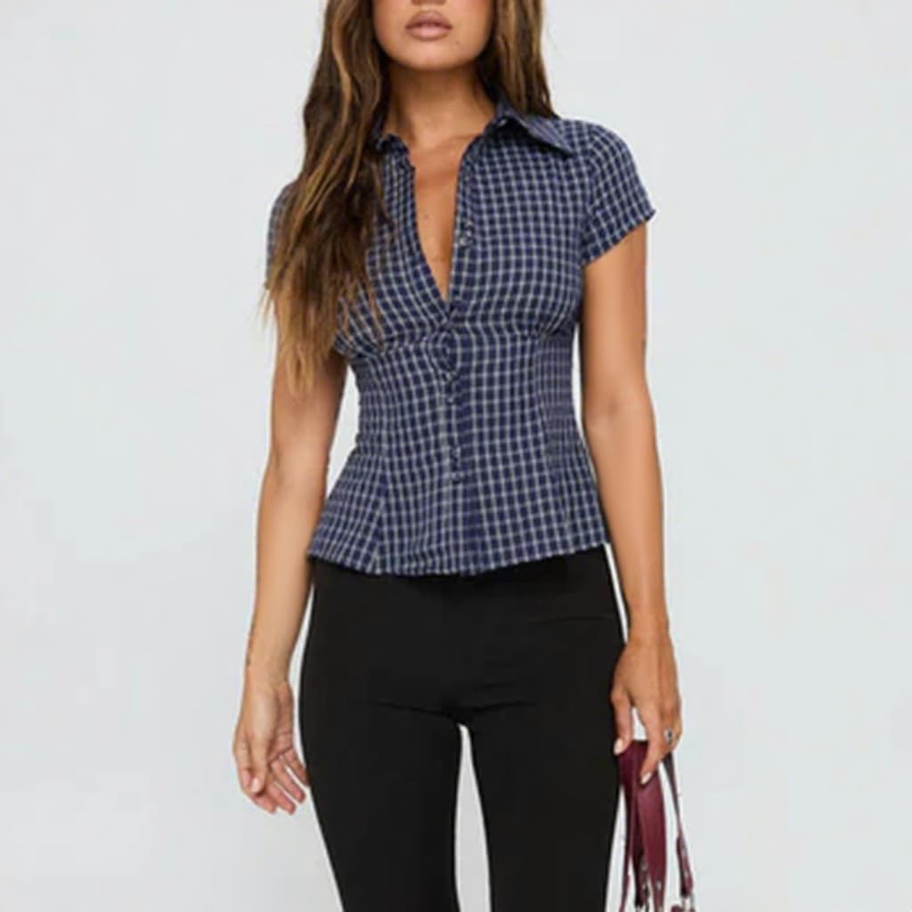 Women Y2k Short Sleeve Button Up Shirt Lapel Collar V Neck Plaid Open Front Blouse Basic Casual Going Out T-Shirt