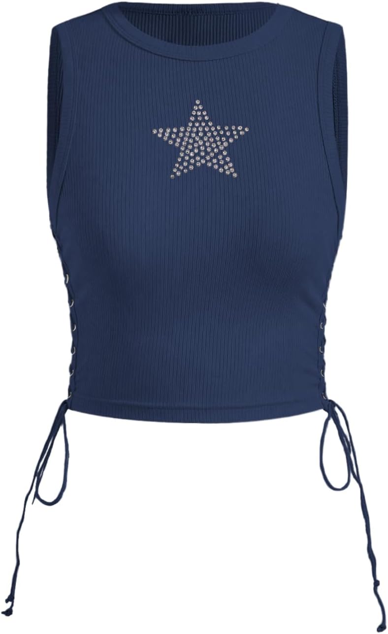 SOLY HUX Women's Tank Tops Y2K Sleeveless Ribbed Star Crop Tank Top Summer Going Out Tops