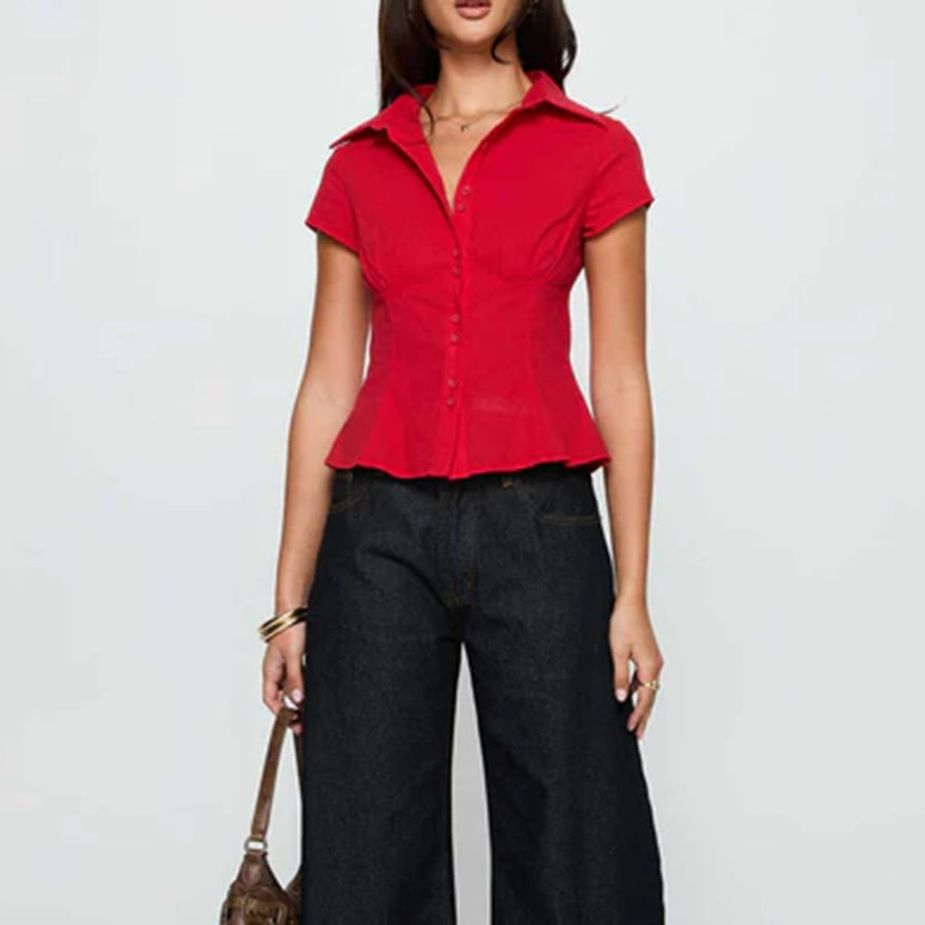 Women Y2k Short Sleeve Button Up Shirt Lapel Collar V Neck Plaid Open Front Blouse Basic Casual Going Out T-Shirt