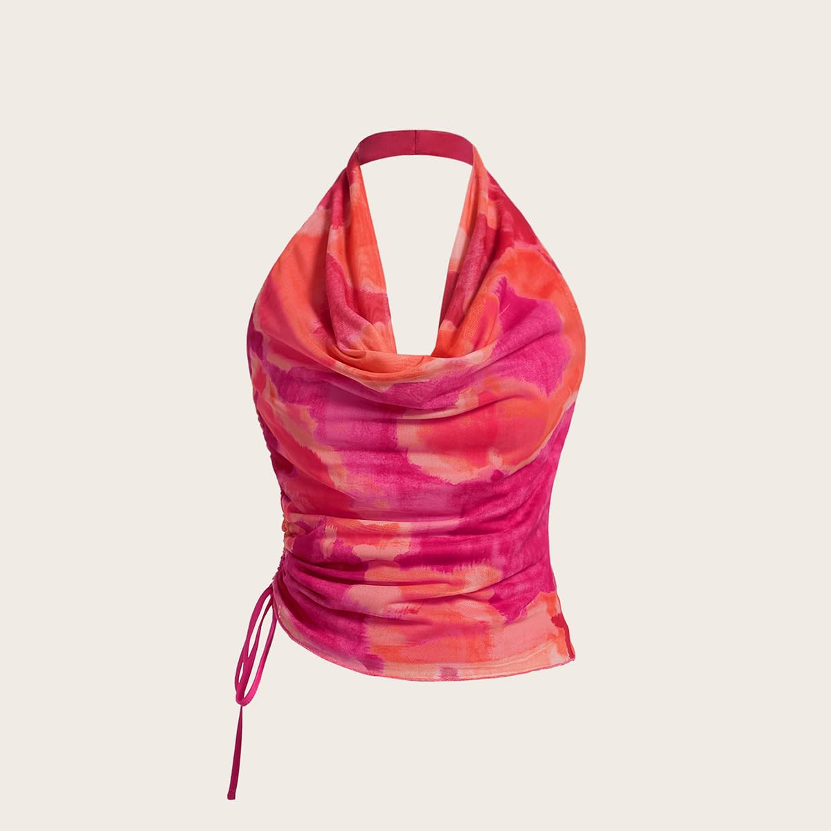SHENHE Women's Tie Dye Halter Neck Draped Front Ruched Drawstring Backless Crop Top