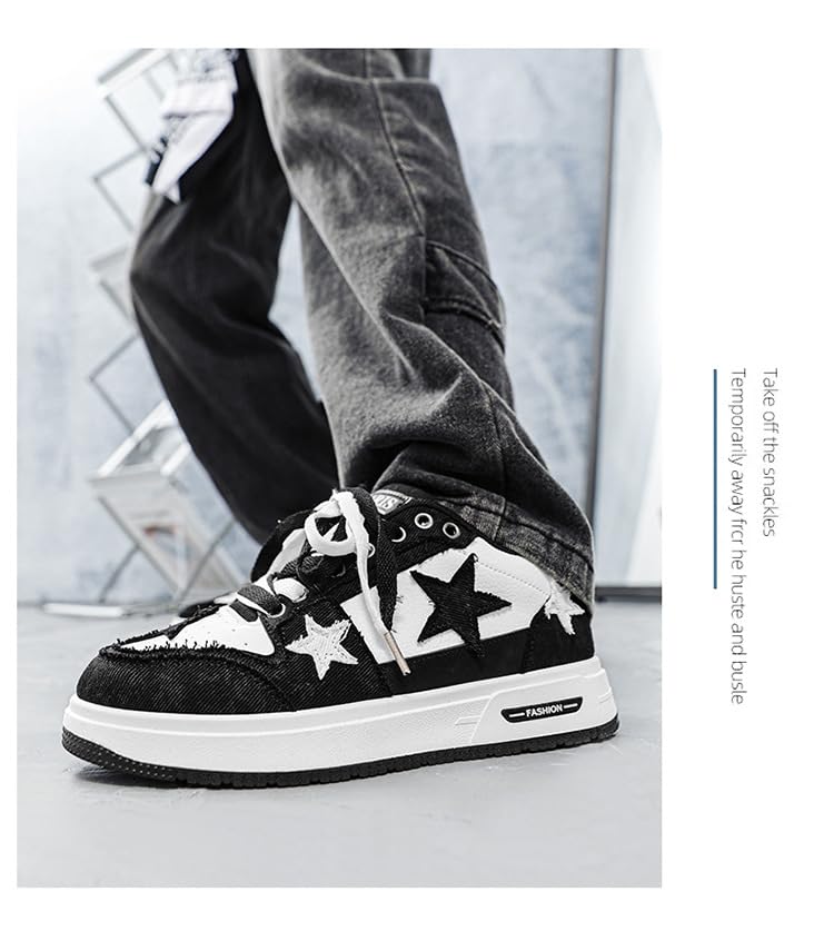 Y2K Retro Mixed Media Platform Skate Sneakers for Men Casual Streetwear Fashion with Raw Edge Distressed Star Applique