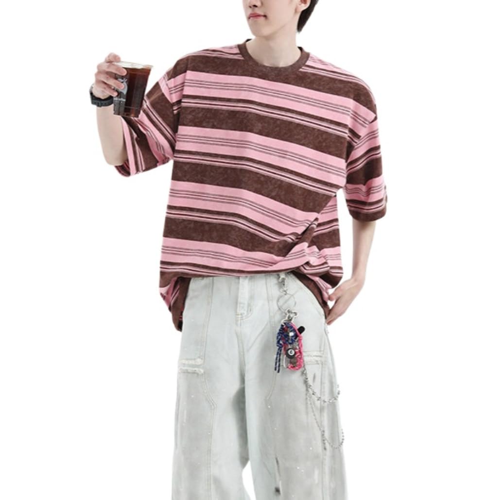 Men's Y2K Striped Baggy T-Shirt Alt Emo Summer Crewneck Short Sleeve Streetwear Top Harajuku Grunge Aesthetic Tees