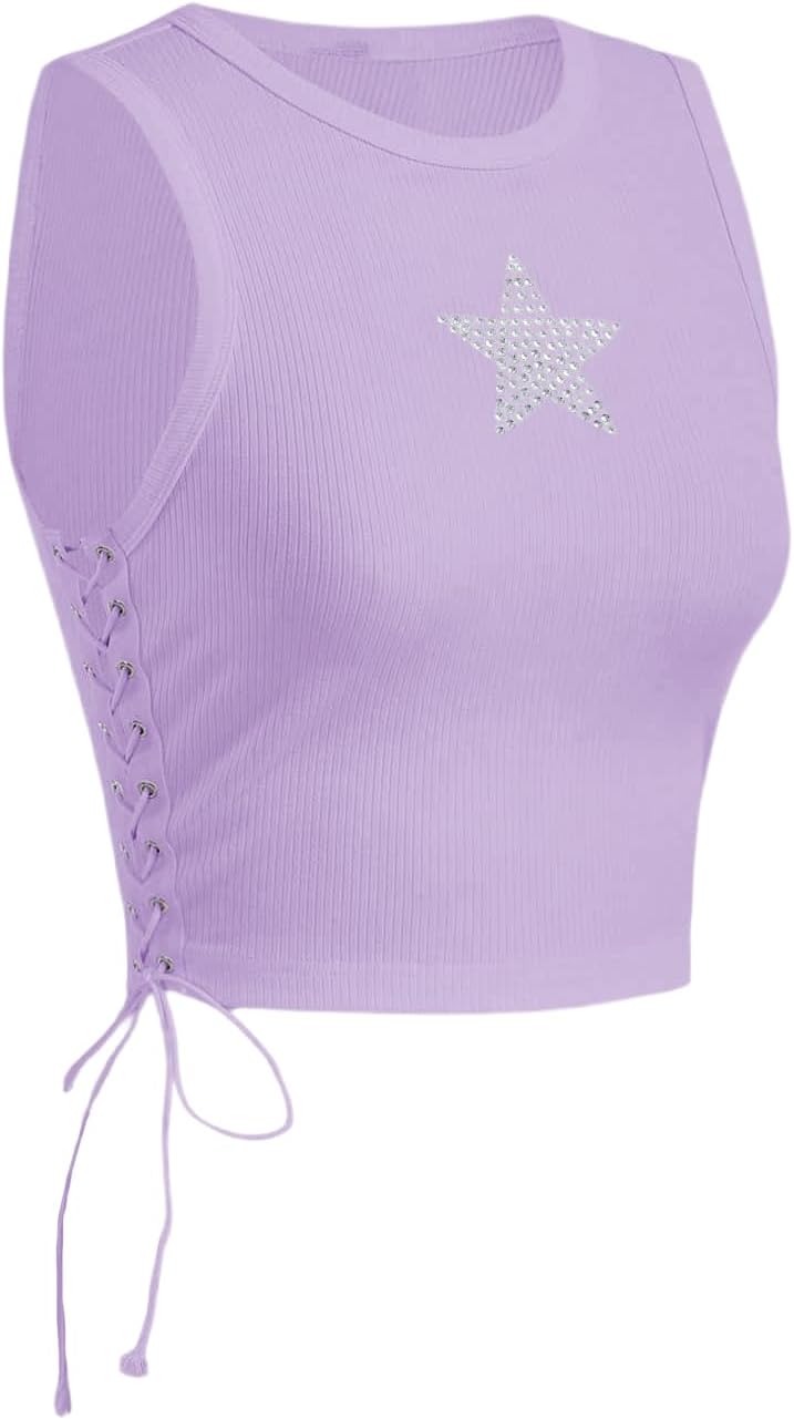 SOLY HUX Women's Tank Tops Y2K Sleeveless Ribbed Star Crop Tank Top Summer Going Out Tops