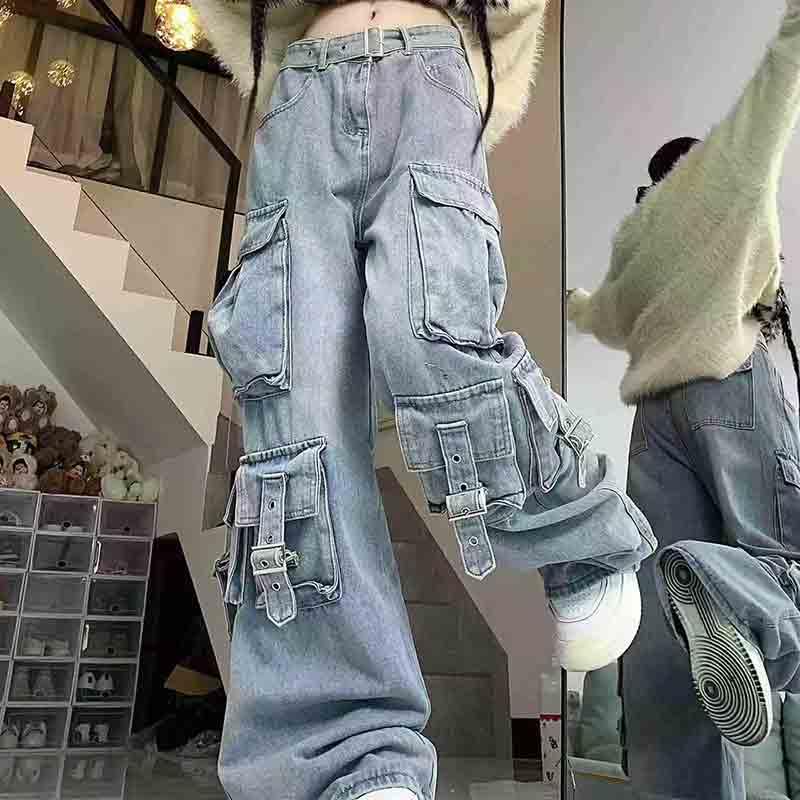 BXCNCKD Women's Retro Washed Workwear Jeans, Multi Pocket Street Loose Wide Leg Jeans, Y2K Jeans