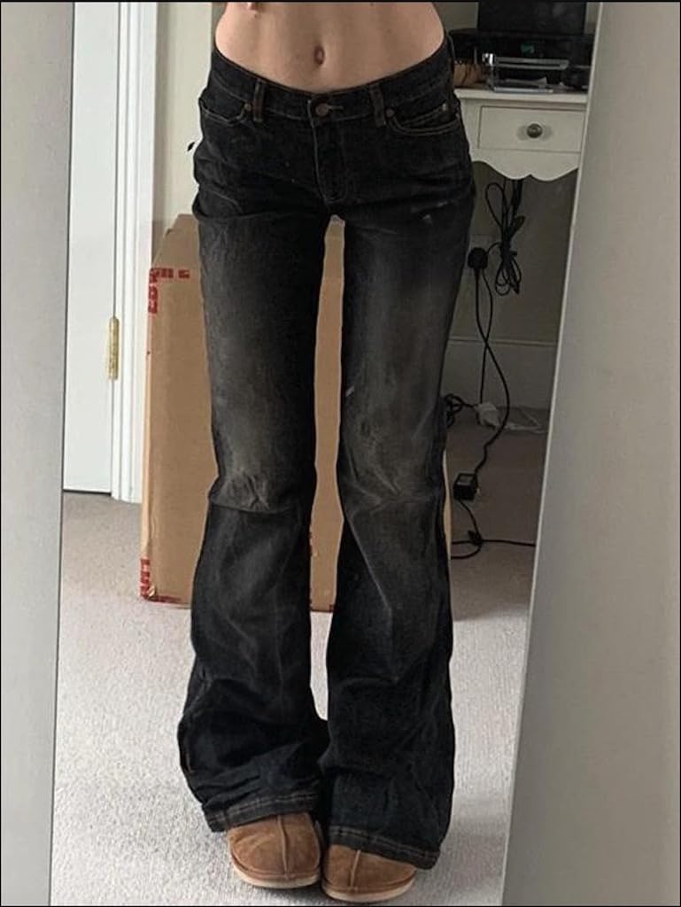 Women Bell Bottom Jeans Stretchy Flare Mid Rise Embroidery Vintage Denim Pants 90s Outfits Y2k Clothes