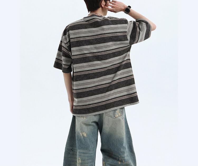 Men's Y2K Striped Baggy T-Shirt Alt Emo Summer Crewneck Short Sleeve Streetwear Top Harajuku Grunge Aesthetic Tees