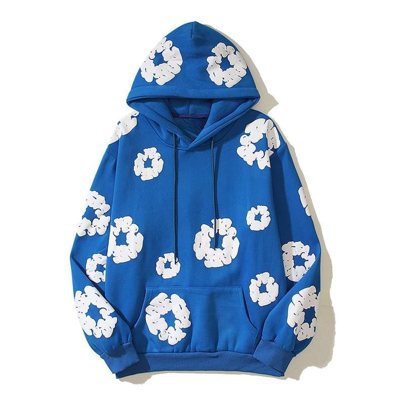 Y2K Hoodies Vintage Floral Print Oversized Hoodie, Purple and Blue, Casual Streetwear Long Sleeve Pullover Sweatshirt