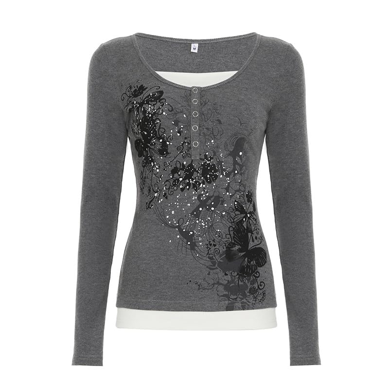 Y2k V Neck Floral Tops Women Fairy Grunge Vintage Long Sleeve Top 2000s Emo Graphic Cute Teen Girls Clothe