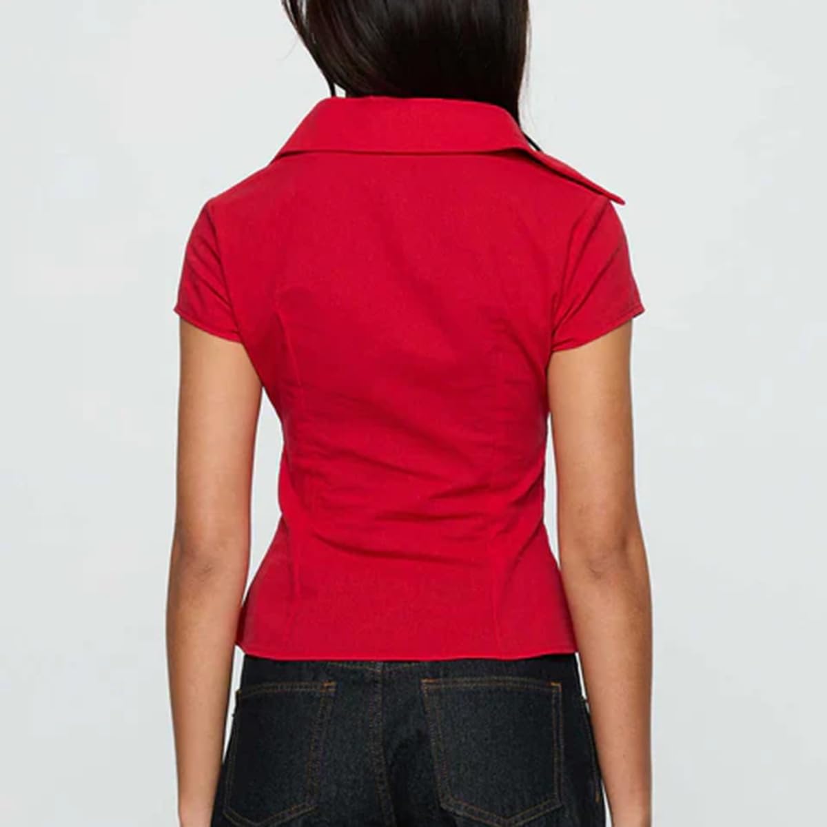 Women Y2k Short Sleeve Button Up Shirt Lapel Collar V Neck Plaid Open Front Blouse Basic Casual Going Out T-Shirt