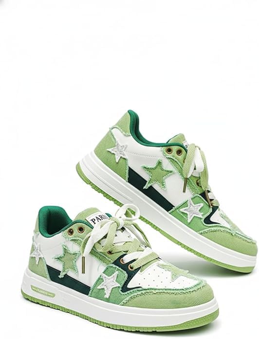 Y2K Retro Mixed Media Platform Skate Sneakers for Men Casual Streetwear Fashion with Raw Edge Distressed Star Applique
