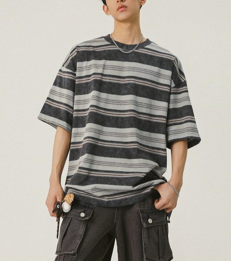 Men's Y2K Striped Baggy T-Shirt Alt Emo Summer Crewneck Short Sleeve Streetwear Top Harajuku Grunge Aesthetic Tees