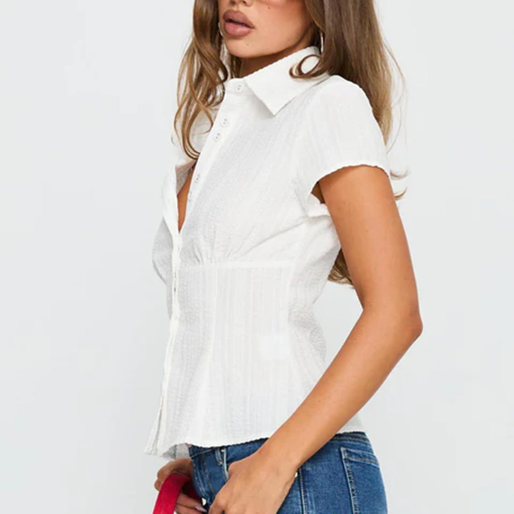 Women Y2k Short Sleeve Button Up Shirt Lapel Collar V Neck Plaid Open Front Blouse Basic Casual Going Out T-Shirt