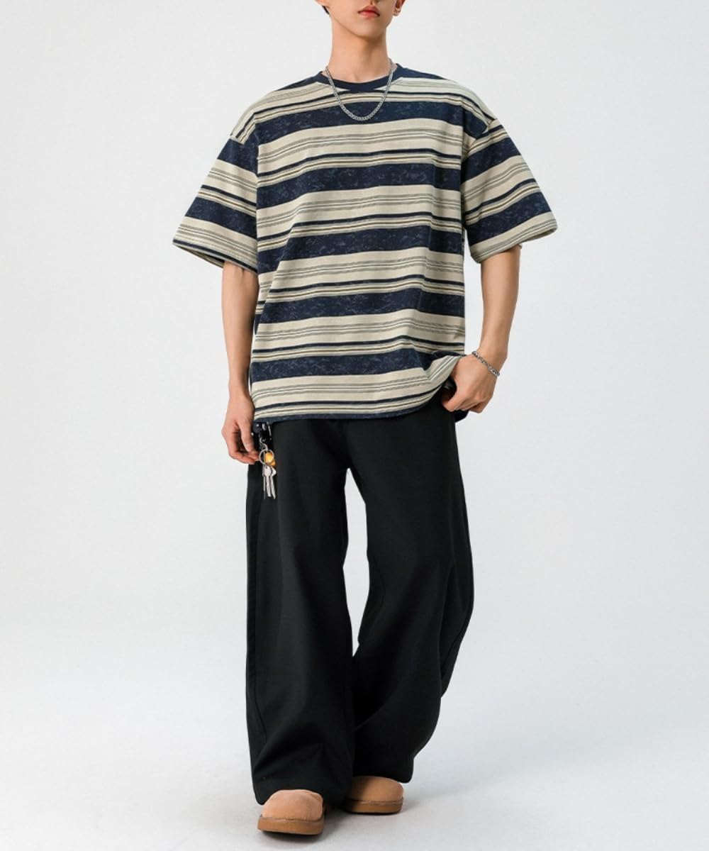Men's Y2K Striped Baggy T-Shirt Alt Emo Summer Crewneck Short Sleeve Streetwear Top Harajuku Grunge Aesthetic Tees