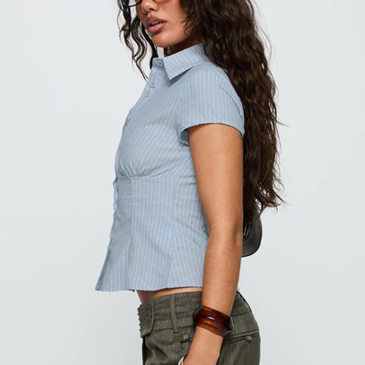 Women Y2k Short Sleeve Button Up Shirt Lapel Collar V Neck Plaid Open Front Blouse Basic Casual Going Out T-Shirt