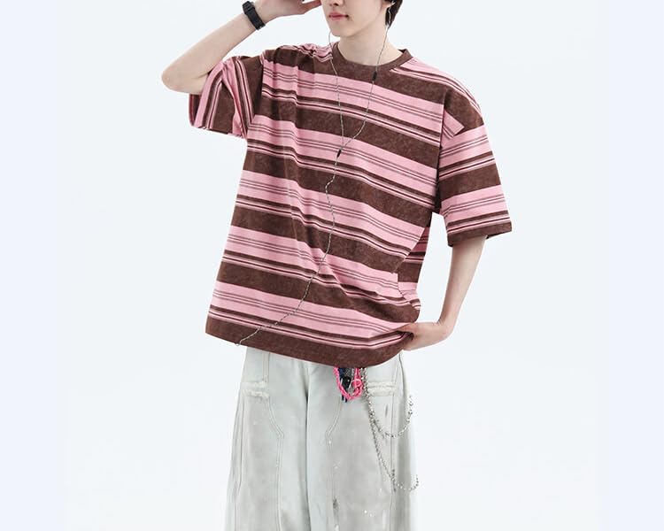 Men's Y2K Striped Baggy T-Shirt Alt Emo Summer Crewneck Short Sleeve Streetwear Top Harajuku Grunge Aesthetic Tees