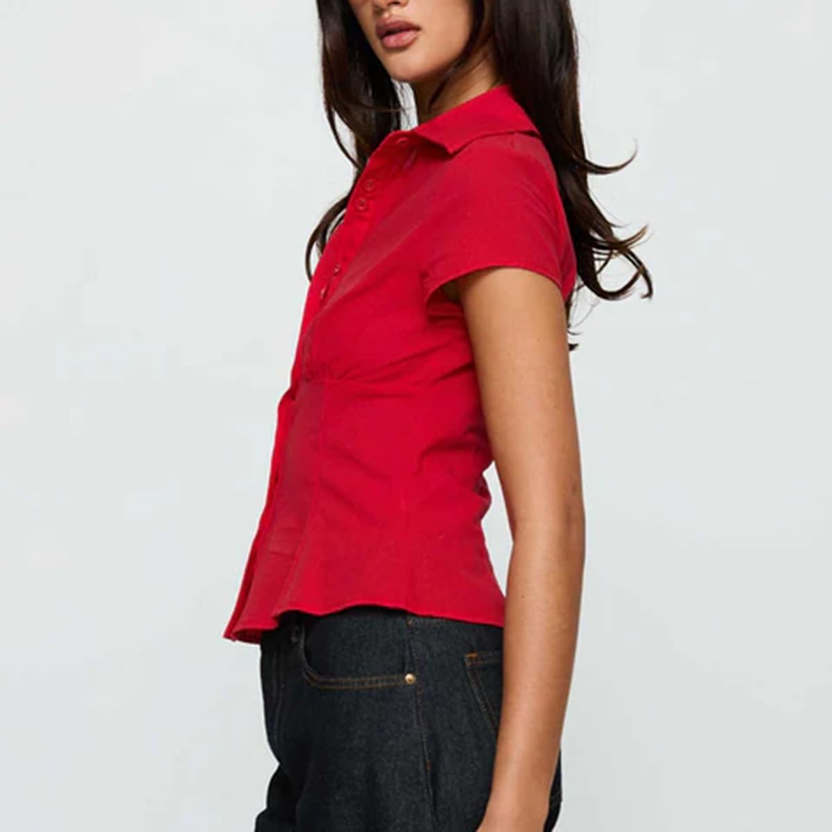 Women Y2k Short Sleeve Button Up Shirt Lapel Collar V Neck Plaid Open Front Blouse Basic Casual Going Out T-Shirt