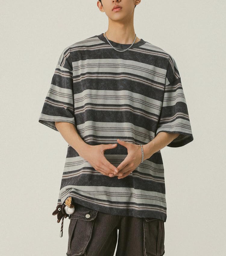 Men's Y2K Striped Baggy T-Shirt Alt Emo Summer Crewneck Short Sleeve Streetwear Top Harajuku Grunge Aesthetic Tees