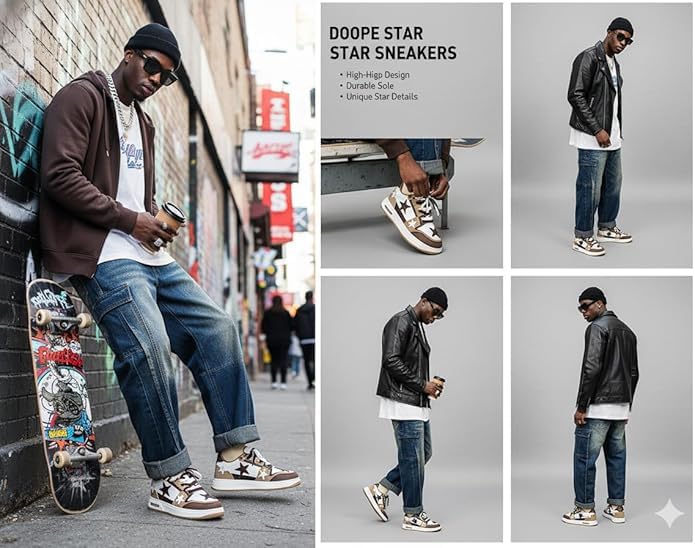 Y2K Retro Mixed Media Platform Skate Sneakers for Men Casual Streetwear Fashion with Raw Edge Distressed Star Applique