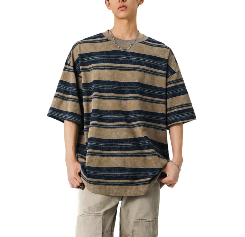 Men's Y2K Striped Baggy T-Shirt Alt Emo Summer Crewneck Short Sleeve Streetwear Top Harajuku Grunge Aesthetic Tees