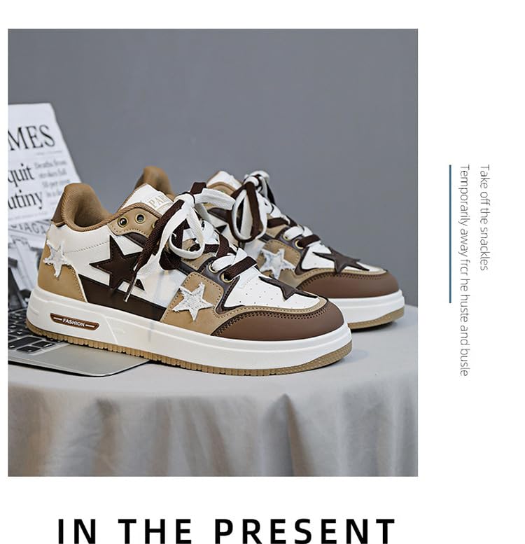 Y2K Retro Mixed Media Platform Skate Sneakers for Men Casual Streetwear Fashion with Raw Edge Distressed Star Applique