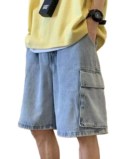 EMMIOL Baggy Jean Shorts Men, Y2k Jorts Cargo Ripped Elastic Waist, Mens Denim Shorts Comfy Casual Streetwear Summer