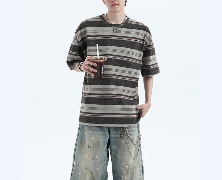 Men's Y2K Striped Baggy T-Shirt Alt Emo Summer Crewneck Short Sleeve Streetwear Top Harajuku Grunge Aesthetic Tees