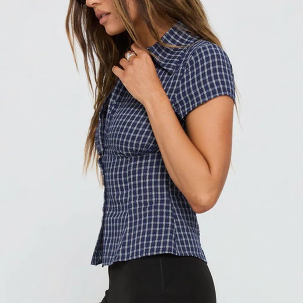 Women Y2k Short Sleeve Button Up Shirt Lapel Collar V Neck Plaid Open Front Blouse Basic Casual Going Out T-Shirt