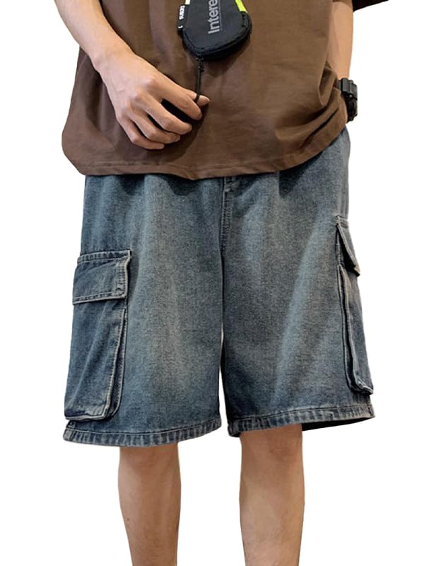EMMIOL Baggy Jean Shorts Men, Y2k Jorts Cargo Ripped Elastic Waist, Mens Denim Shorts Comfy Casual Streetwear Summer
