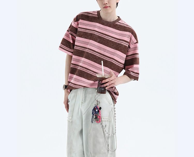 Men's Y2K Striped Baggy T-Shirt Alt Emo Summer Crewneck Short Sleeve Streetwear Top Harajuku Grunge Aesthetic Tees