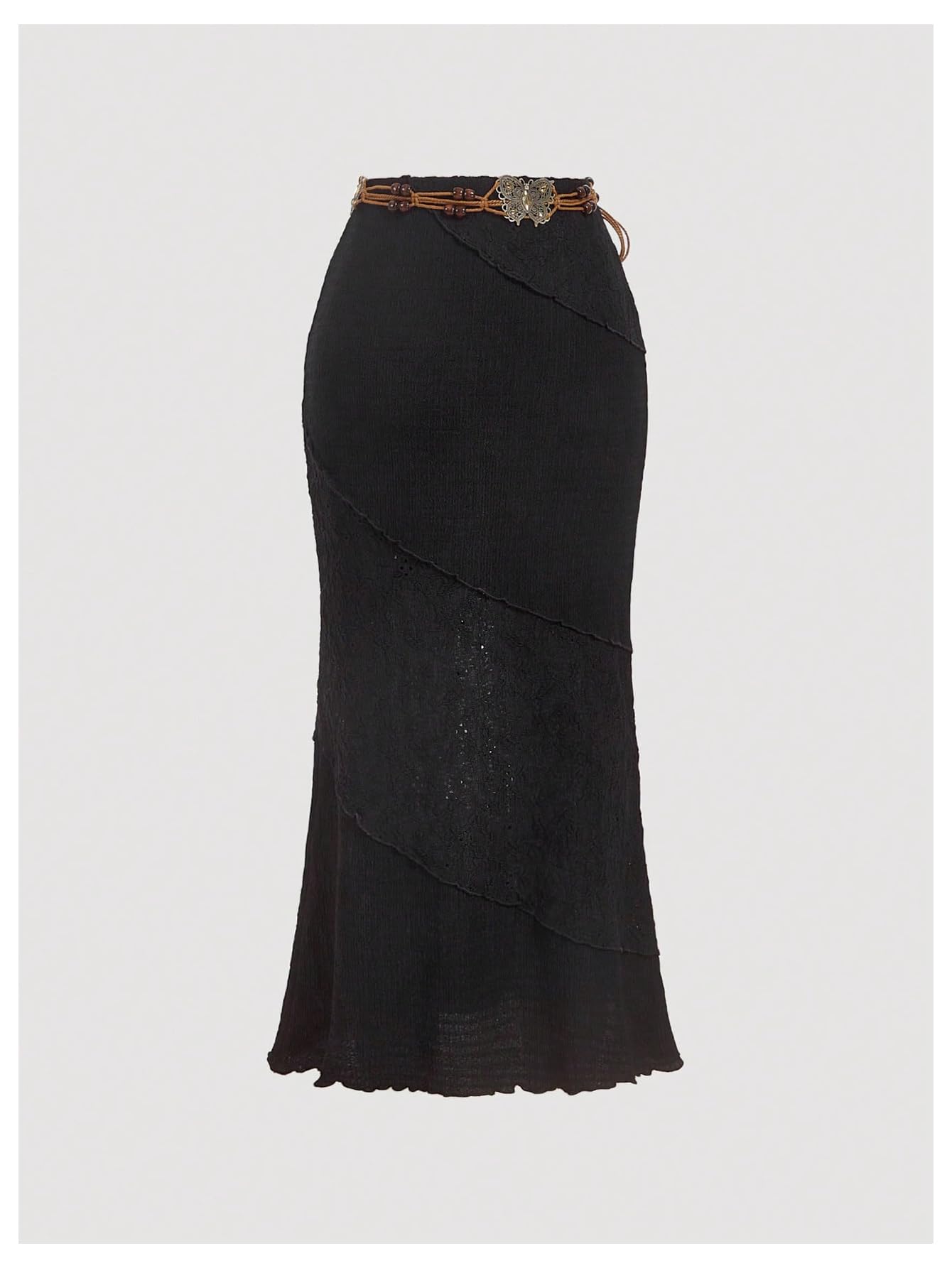 Milumia Women's Y2K Summer Boho Bodycon Long Skirts Crochet Knitted Lettuce Trim Midi Skirt with Belt