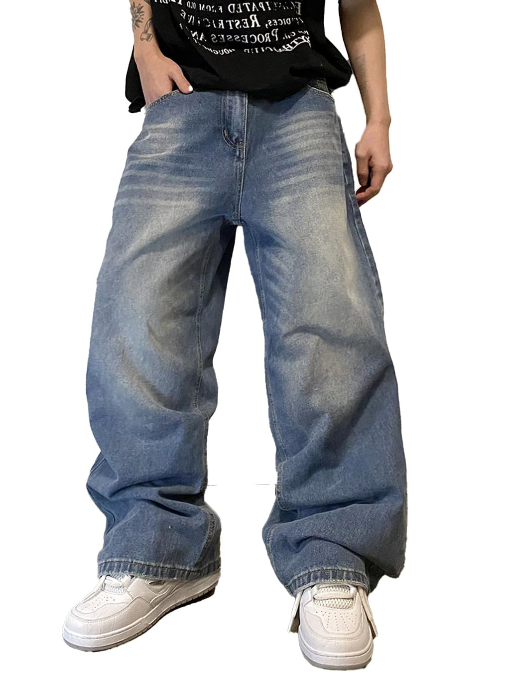 Mens Streetwear Hip Hop Baggy Jeans Wide Leg Skater Denim Pants Loose Long Trousers