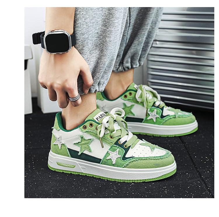 Y2K Retro Mixed Media Platform Skate Sneakers for Men Casual Streetwear Fashion with Raw Edge Distressed Star Applique